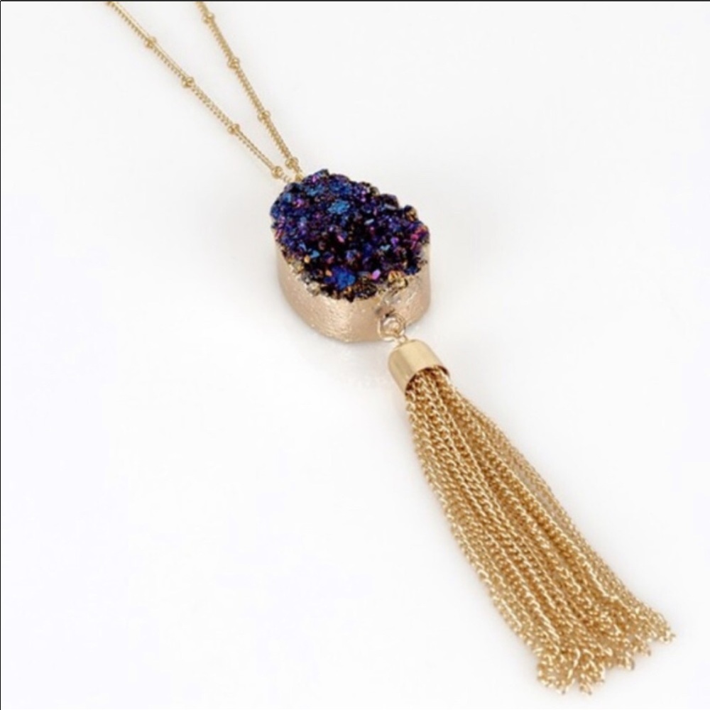 Druzy pendant necklace gold Tassel long chain - Picture 5 of 7